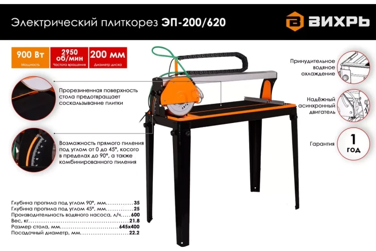 Электрический плиткорез с водяным охлаждением Вихрь ЭП-200/620 72/22/2 купить в Тобольске