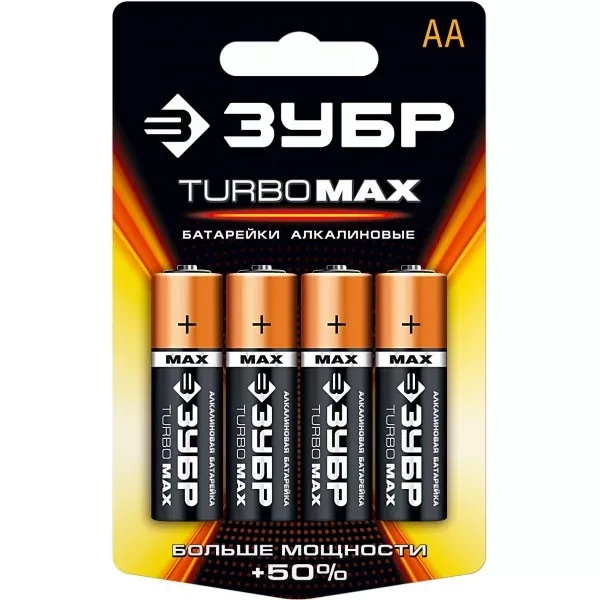 Батарейка ЗУБР "TURBO MAX" щелочная (алкалиновая), тип AA, 1,5В, 4шт на карточке 59206-4C купить в Тобольске