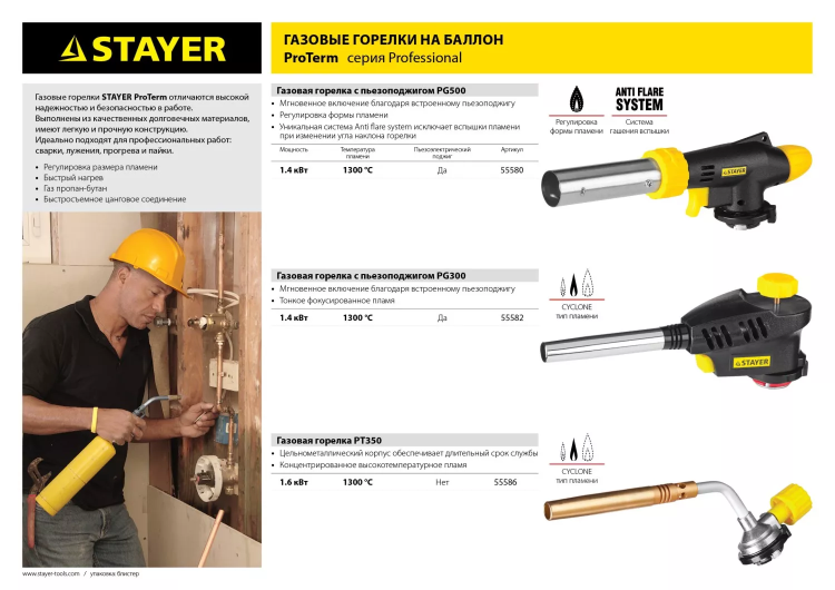 Газовая горелка "ProTerm" на баллон, STAYER "PROFESSIONAL" 55582, с пьезоподжигом, регулировка пламени, вихревое пламя, цанговое соединение, 1300С 55582 купить в Тобольске