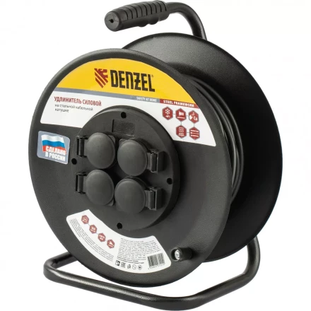 Удлинитель силовой на стальной катушке ПВС 3 х 2,5 мм 20 м 4 розетки 16 А тип УХз-16 Denzel 95983 купить в Тобольске