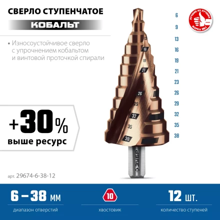 ЗУБР КОБАЛЬТ 6-38мм, 12 ступеней, винтовая проточка, сверло ступенчатое, ПРОФЕССИОНАЛ (29674-6-38-12) купить в Тобольске