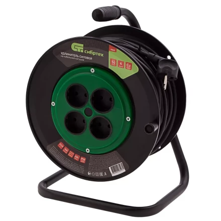 Удлинитель силовой 50 м, 16А, тип УХ10, ПВС, на кабельной катушке, 4 розетки без заземления Сибртех 95865 купить в Тобольске