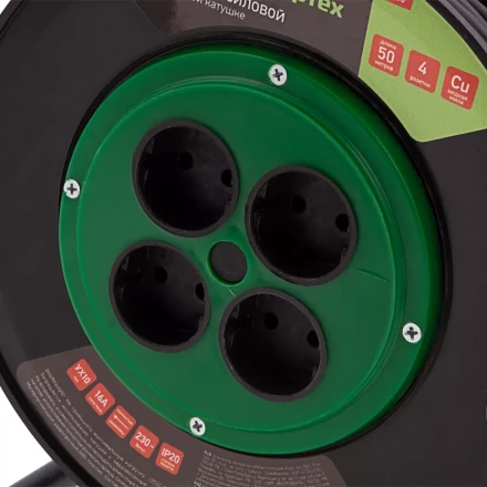 Удлинитель силовой 50 м, 16А, тип УХ10, ПВС, на кабельной катушке, 4 розетки без заземления Сибртех 95865 купить в Тобольске
