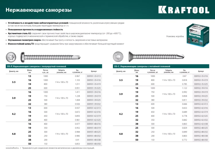 Нержавеющие саморезы DS-P с полукруглой головкой, коробка 300931-35-013 купить в Тобольске