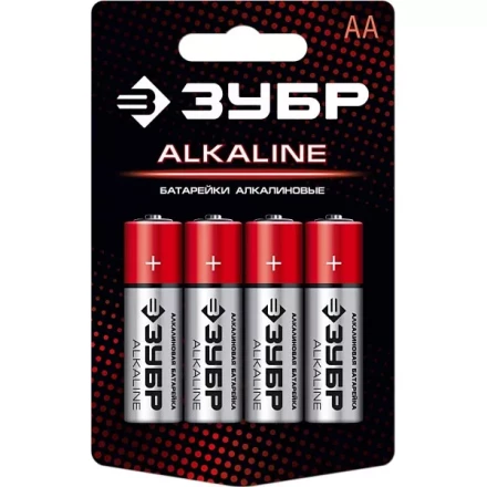 Батарейка &quot;ЗУБР&quot; &quot;ALCALINE&quot; щелочная (алкалиновая), &quot;AA&quot;, 1,5В, 4шт 59223-4C купить в Тобольске