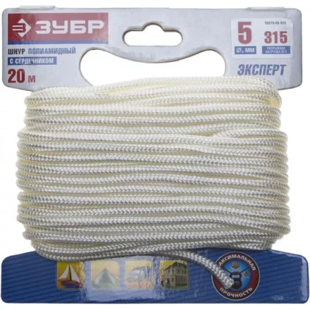 Шнур ЗУБР полиамидный, плетеный, повышенной нагрузки, с сердечником, белый, d 5, 20м 50310-05-020 купить в Тобольске