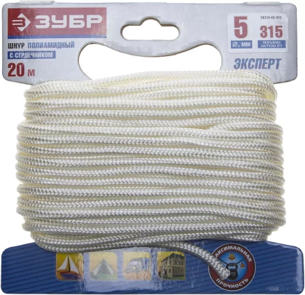 Шнур ЗУБР полиамидный, плетеный, повышенной нагрузки, с сердечником, белый, d 5, 20м 50310-05-020 купить в Тобольске