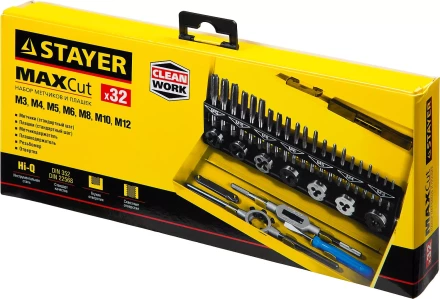 Набор метчиков и плашек STAYER &quot;MASTER&quot;, плашки 7шт, метчики компл. 21шт, метчикодерж. 1шт, плашкодерж. 1шт, резьбомер 1шт, отвертка 1шт, 32 предмета 28014-H32 купить в Тобольске