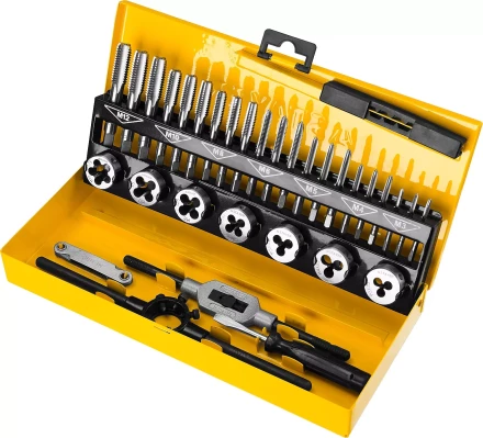 Набор метчиков и плашек STAYER &quot;MASTER&quot;, плашки 7шт, метчики компл. 21шт, метчикодерж. 1шт, плашкодерж. 1шт, резьбомер 1шт, отвертка 1шт, 32 предмета 28014-H32 купить в Тобольске