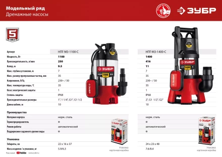 ЗУБР 1100 Вт, дренажный насос для грязной воды, корпус - нерж. сталь (НПГ-М3-1100-С) купить в Тобольске