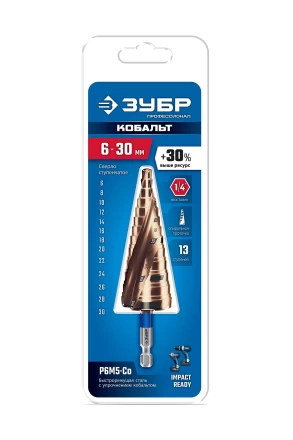 ЗУБР КОБАЛЬТ 6-30мм, 13 ступеней, винтовая проточка, сверло ступенчатое, ПРОФЕССИОНАЛ (29674-6-30-13) купить в Тобольске