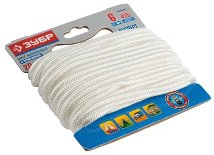 Шнур ЗУБР полиамидный, плетеный, повышенной нагрузки, с сердечником, белый, d 6, 20м 50310-06-020 купить в Тобольске