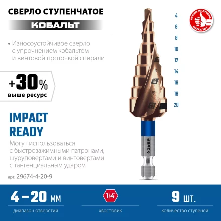 ЗУБР КОБАЛЬТ 4-20мм, 9 ступеней, винтовая проточка, сверло ступенчатое, серия Профессионал(29674-4-20-9) купить в Тобольске