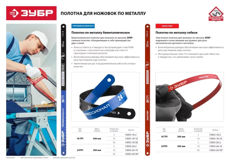 Полотно ЗУБР "МАСТЕР" по металлу 24 TPI  (шаг 1.0мм), Универсальное, 2шт 15853-24-2 купить в Тобольске