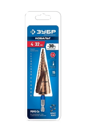 ЗУБР КОБАЛЬТ 4-32мм, 15 ступеней, винтовая проточка, сверло ступенчатое, ПРОФЕССИОНАЛ (29674-4-32-15) купить в Тобольске