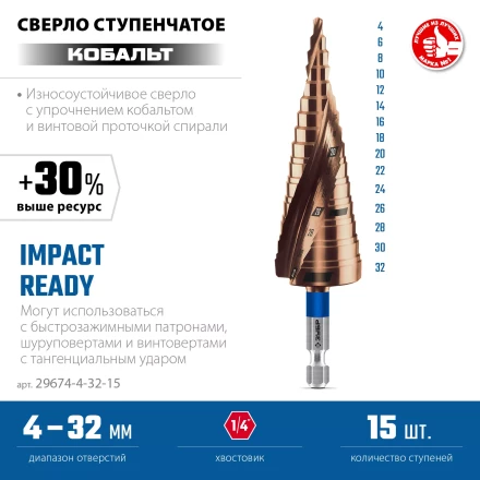 ЗУБР КОБАЛЬТ 4-32мм, 15 ступеней, винтовая проточка, сверло ступенчатое, ПРОФЕССИОНАЛ (29674-4-32-15) купить в Тобольске