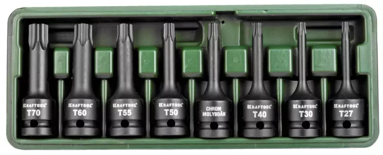 Торцовые головки KRAFTOOL "INDUSTRIE QUALITAT" ударные в наборе, (1/2"), Cr-Mo, фосфат., TORX, T27-T70, 8 шт. 27952-H8 купить в Тобольске