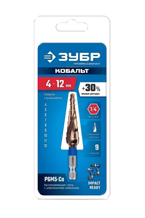 ЗУБР КОБАЛЬТ 4-12мм, 9 ступеней, винтовая проточка, сверло ступенчатое, серия Профессионал(29674-4-12-9) купить в Тобольске