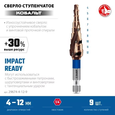 ЗУБР КОБАЛЬТ 4-12мм, 9 ступеней, винтовая проточка, сверло ступенчатое, серия Профессионал(29674-4-12-9) купить в Тобольске