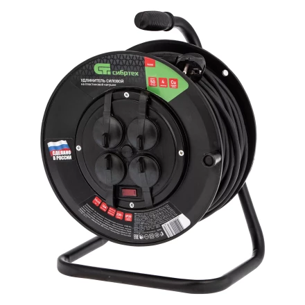 Удлинитель силовой на кабельной катушке, ПВС, 50 м, 4 розетки с крышкой, IP44, 16А, УХз16, Россия Сибртех 96048 купить в Тобольске