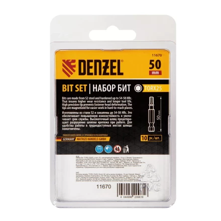 Бита TX 25х50, сталь S2, шестигранный профиль, 10 шт. Е 6,3 Denzel 11670 купить в Тобольске