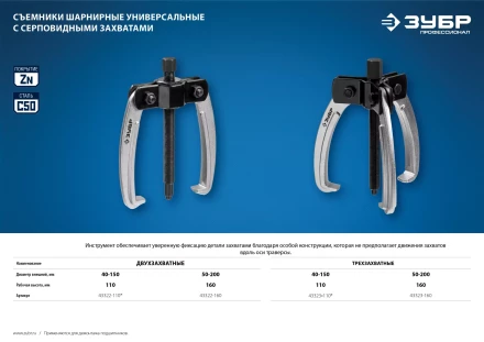 ЗУБР d 50 - 200 мм, шарнирный двухзахватный съемник с серповидными захватами, Профессионал (43322-160) купить в Тобольске