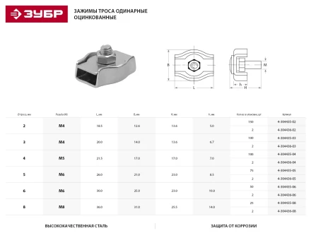 Зажим троса ЗУБР одинарный, оцинкованный, 6мм, 50 шт 4-304435-06 купить в Тобольске