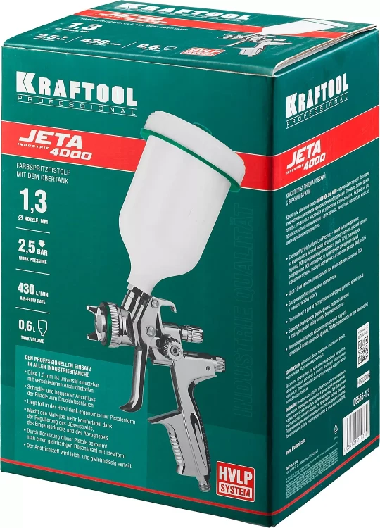 Краскопульт пневматический KRAFTOOL "PRO" Jeta 4000, HVLP, c верхним бачком, 1,3мм 06555-1.3 купить в Тобольске