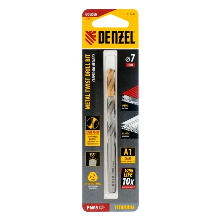 Сверло спиральное по металлу Denzel 7,0 x 109 мм, Р6М5, Golden Tip, 718237 купить в Тобольске