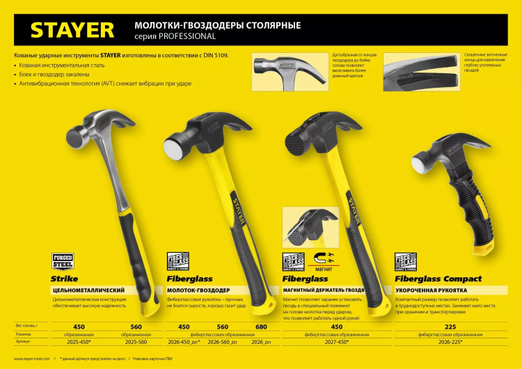 Молоток-гвоздодер "Fiberglass" с фиберглассовой рукояткой, 560 г, STAYER Professional 2026-560_z01 купить в Тобольске