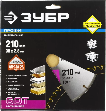 Диск пильный ЗУБР &quot;ПРОФИ&quot; &quot;Точный-МУЛЬТИ рез&quot; по алюминию, ламинату, пластику, ДСП, 60Т, 210х30мм 36853-210-30-60 купить в Тобольске