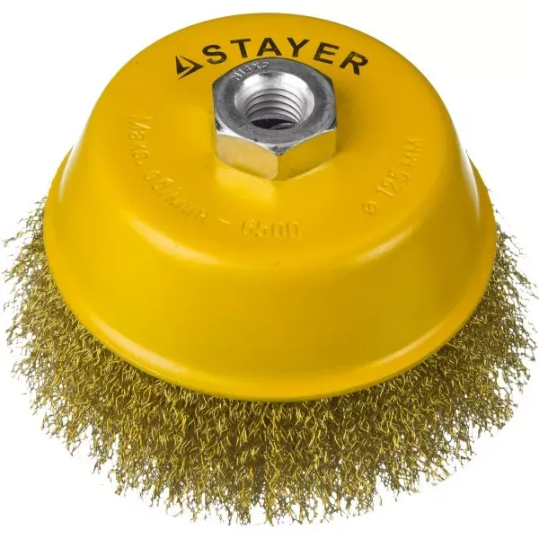 STAYER "PROFESSIONAL". Щетка чашечная для УШМ, витая стальная латунированная проволока 0,3мм, 125ммхМ14 35125-125 купить в Тобольске