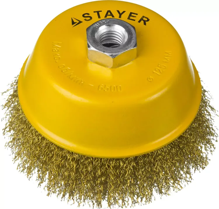 STAYER "PROFESSIONAL". Щетка чашечная для УШМ, витая стальная латунированная проволока 0,3мм, 125ммхМ14 35125-125 купить в Тобольске
