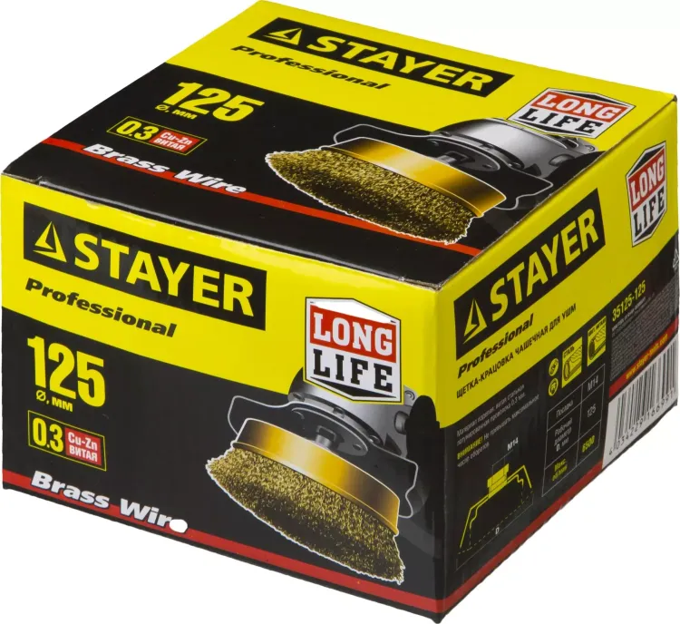 STAYER "PROFESSIONAL". Щетка чашечная для УШМ, витая стальная латунированная проволока 0,3мм, 125ммхМ14 35125-125 купить в Тобольске
