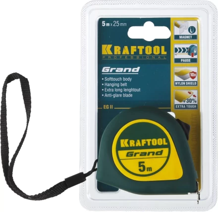 Рулетка KRAFTOOL GRAND, обрезиненный пластиковый корпус, 5м/25мм 34022-05-25 купить в Тобольске