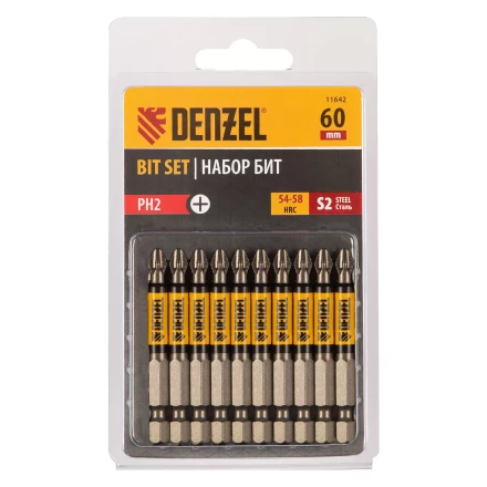 Бита PH2х60, сталь S2, цилиндр., 10 шт. Е 6,3 Denzel 11642 купить в Тобольске