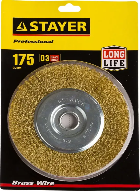 STAYER "PROFESSIONAL". Щетка дисковая для УШМ, витая стальная латунированная проволока 0,3мм, 175ммх22мм 35122-175 купить в Тобольске