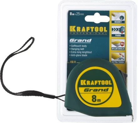 Рулетка KRAFTOOL GRAND, обрезиненный пластиковый корпус, 8м/25мм 34022-08-25 купить в Тобольске