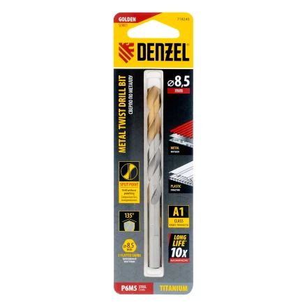 Сверло спиральное по металлу Denzel 8,5 x 117 мм, Р6М5, Golden Tip, 718240 купить в Тобольске