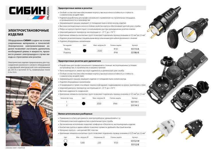 Вилка СИБИН электрическая, разборная, 6А/220В, черная 55152-B купить в Тобольске