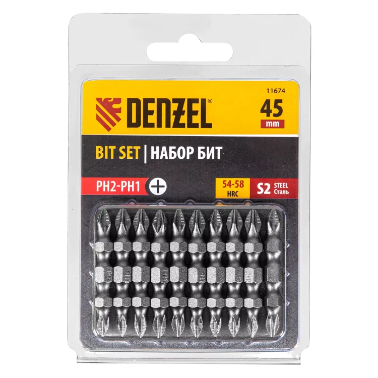 Бита двухсторонняя, PH2-PH1 х 45 мм, сталь S2, 10 шт. Denzel 11674 купить в Тобольске