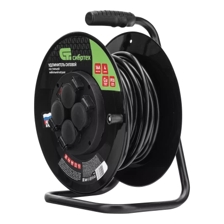 Удлинитель силовой Сибртех 20 м, 16А, тип УХз16, ПВС 3 x 2.5 мм, на стальной катушке, 4 розетки  95872 купить в Тобольске