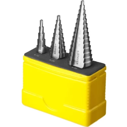 Набор STAYER &quot;MASTER&quot;: Ступенчатые сверла по сталям и цвет.мет., сталь HSS, d=4-12мм,5 ступ. d 4-20 мм 9 ступ., d 4-30мм 14ступ. 29660-4-30-H3 купить в Тобольске