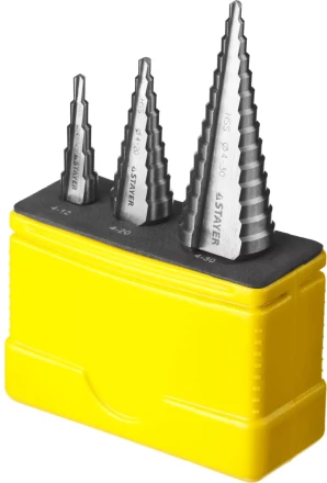 Набор STAYER &quot;MASTER&quot;: Ступенчатые сверла по сталям и цвет.мет., сталь HSS, d=4-12мм,5 ступ. d 4-20 мм 9 ступ., d 4-30мм 14ступ. 29660-4-30-H3 купить в Тобольске