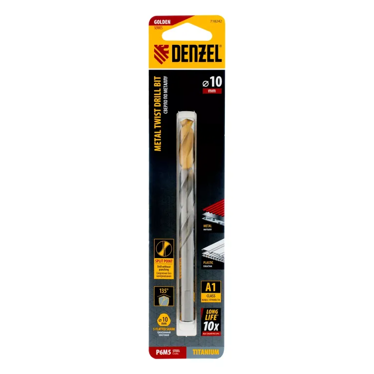 Сверло спиральное по металлу Denzel, 10 x 133 мм, Р6М5, Golden Tip, 718242 купить в Тобольске
