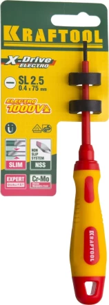 Отвертка KRAFTOOL, высоковольтная, Cr-Mo-V стержень, двухкомпонент. маслобензостойкая рукоятка, SL, 2,5х75мм 250083-2.5-075 купить в Тобольске