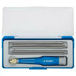 Набор ЗУБР Отвертка "ЭКСПЕРТ" для точных работ, двухкомп рукоятка, CR-V, сменные двустор стержни 120мм, 5шт, 6предм 25627-H6