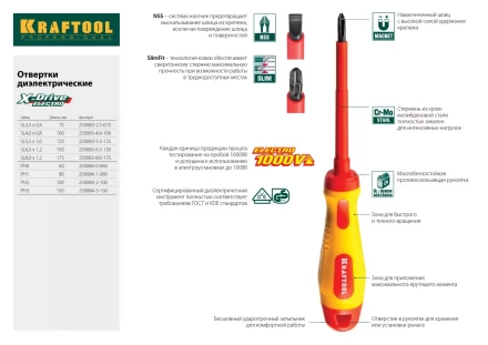 Отвертка KRAFTOOL, высоковольтная, Cr-Mo-V стержень, двухкомпонент. маслобензостойкая рукоятка, SL, 4,0х100мм 250083-4.0-100 купить в Тобольске