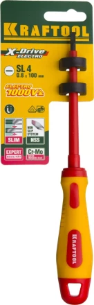Отвертка KRAFTOOL, высоковольтная, Cr-Mo-V стержень, двухкомпонент. маслобензостойкая рукоятка, SL, 4,0х100мм 250083-4.0-100 купить в Тобольске