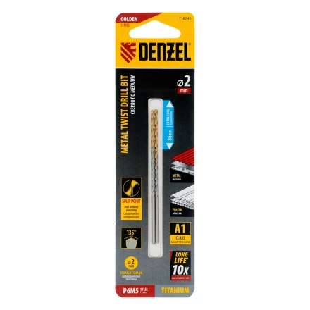 Сверло спиральное по металлу Denzel  2 х 86 мм Р6М5, Golden Tip, удлиненное, 2шт., 718245 купить в Тобольске